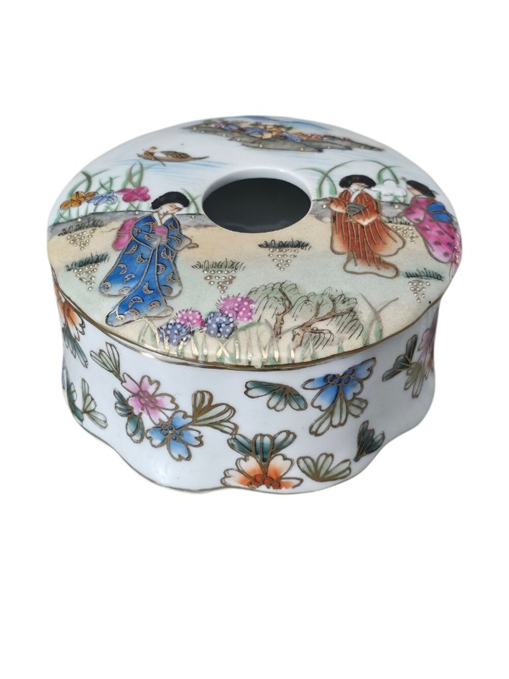 Nippon Antique Hand Painted Porcelain Geisha Girl Hair Receiver Lidded Box